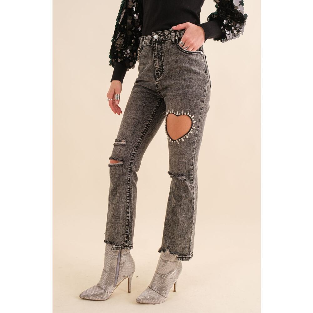 Blue B Size Medium Charcoal Crop Stretch Ankle Button Heart Cut Out Denim Jeans